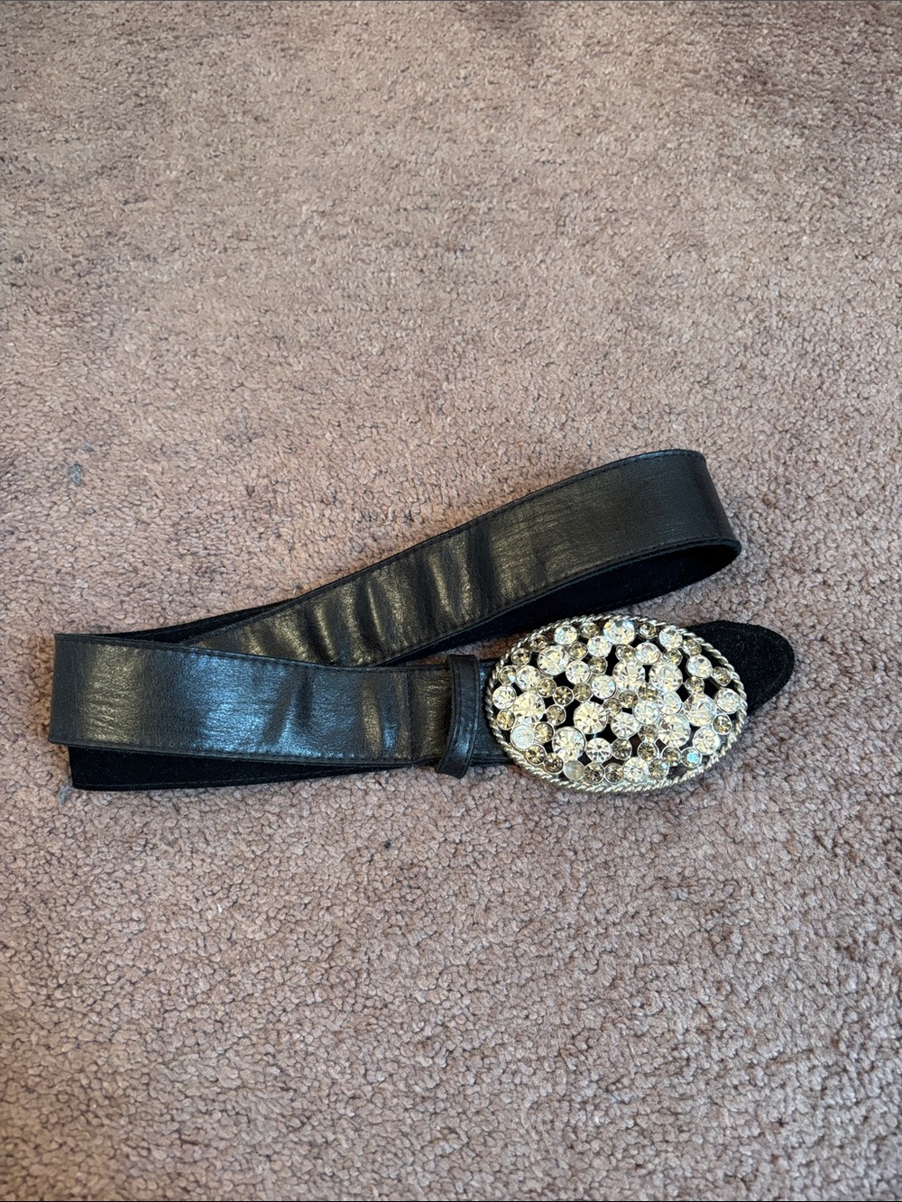 Bebe Black Leather Belt with Crystal Oval Buckle
